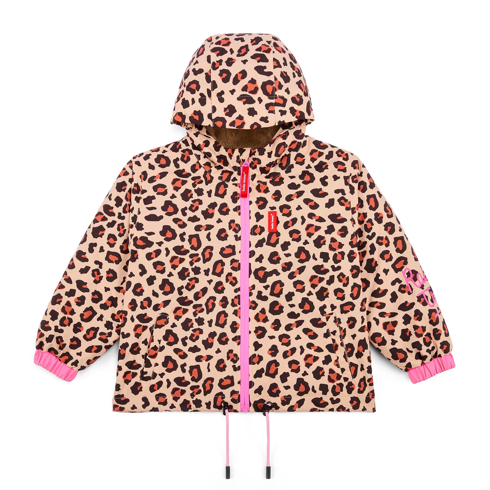 Children's winter jacket brown leopard patterned pockets hood Hello Hossy