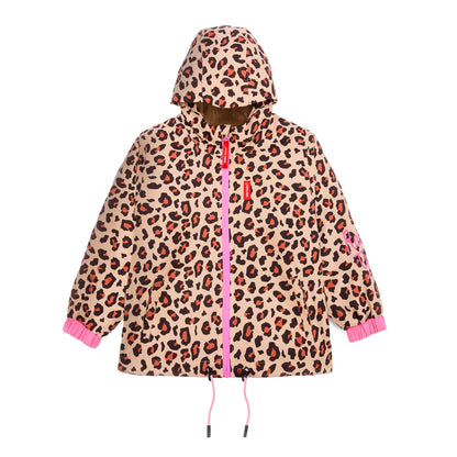 Children's winter jacket brown leopard patterned pockets hood Hello Hossy