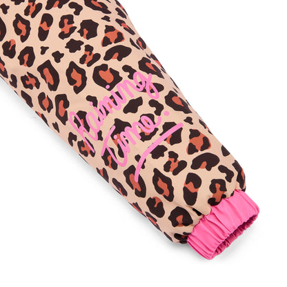 Children's brown jacket sleeve leopard pattern pink ribbing pink inscription Hello Hossy