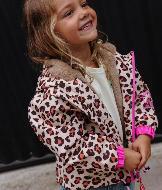 Children's winter jacket leopard pattern brown black faux fur lining Hello Hossy