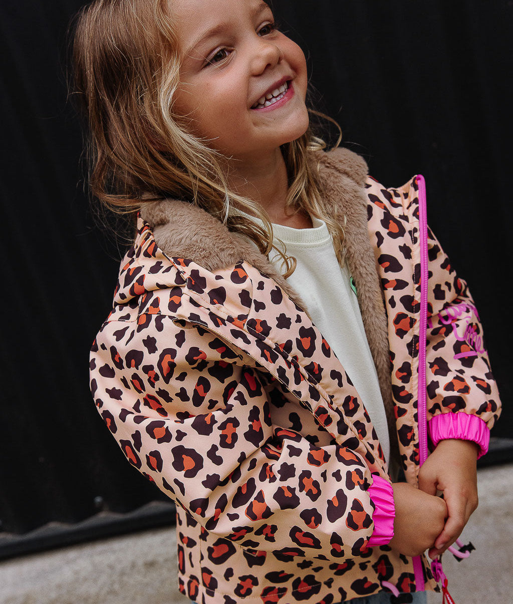 Children's winter jacket leopard pattern brown black faux fur lining Hello Hossy