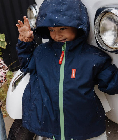 Kids' navy blue jacket waterproof hood green zip Hello Hossy