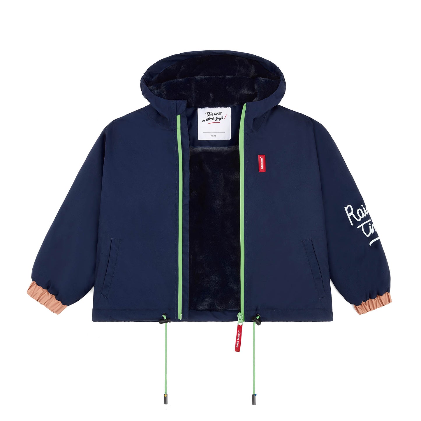 Kids' winter jacket blue faux fur lining hood elastic sleeves Hello Hossy