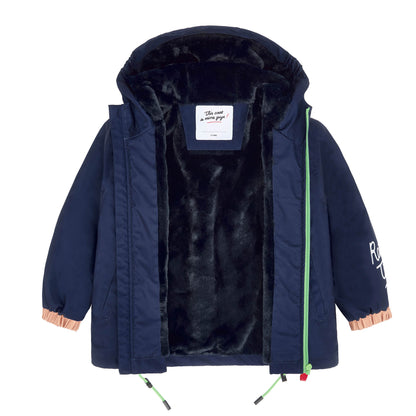 Veste hiver enfant bleu doublure fausse fourrure capuche manches élastiques Hello Hossy