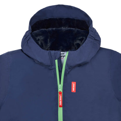 Kids' winter jacket navy blue faux fur lining green zip Hello Hossy