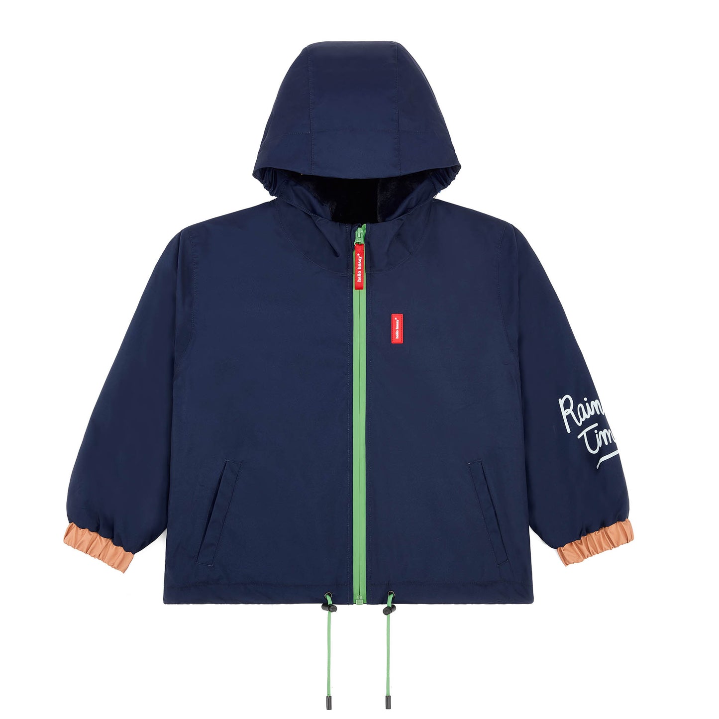 Kids' winter jacket navy blue hood Orange details green zip Hello Hossy