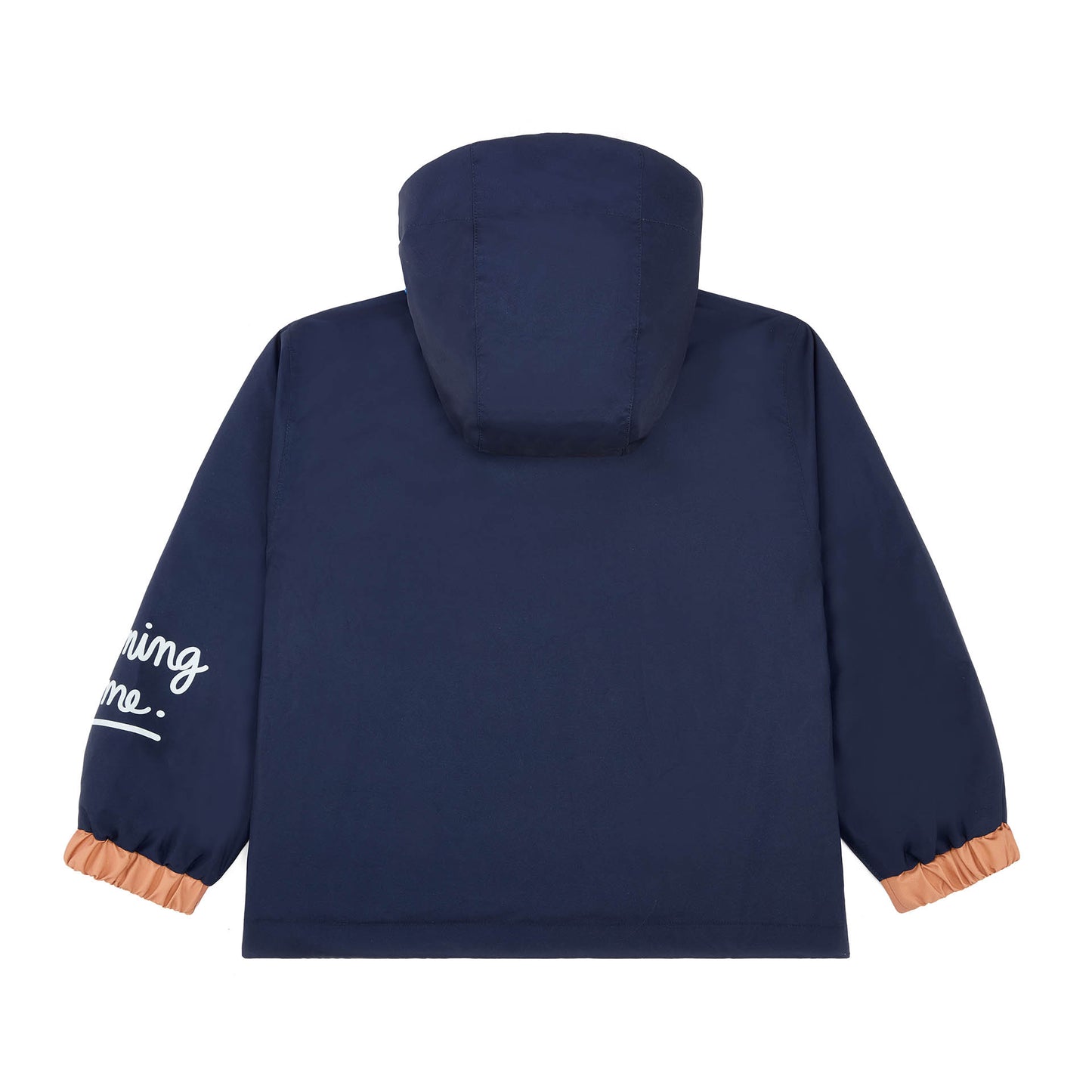 Kids' winter jacket navy blue hood elasticated sleeves Orange details Hello Hossy