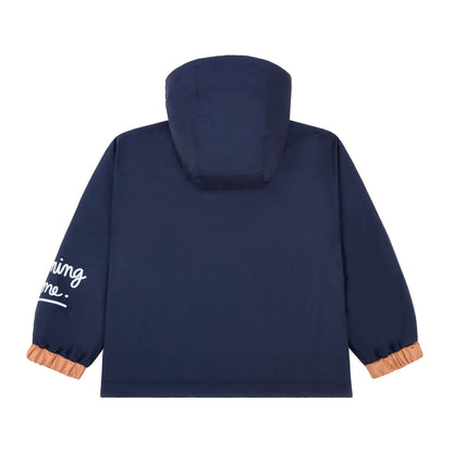 Kids' winter jacket navy blue hood elasticated sleeves Orange details Hello Hossy