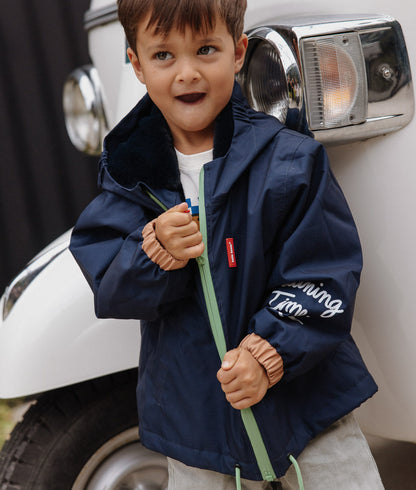Children's navy blue winter jacket with hood, elasticated sleeves, orange and green details Hello Hossy