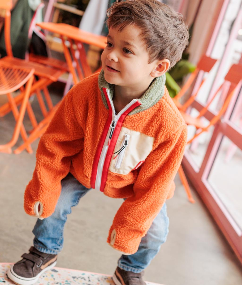Children's fleece jacket Orange Beige zipped pockets Hello Hossy