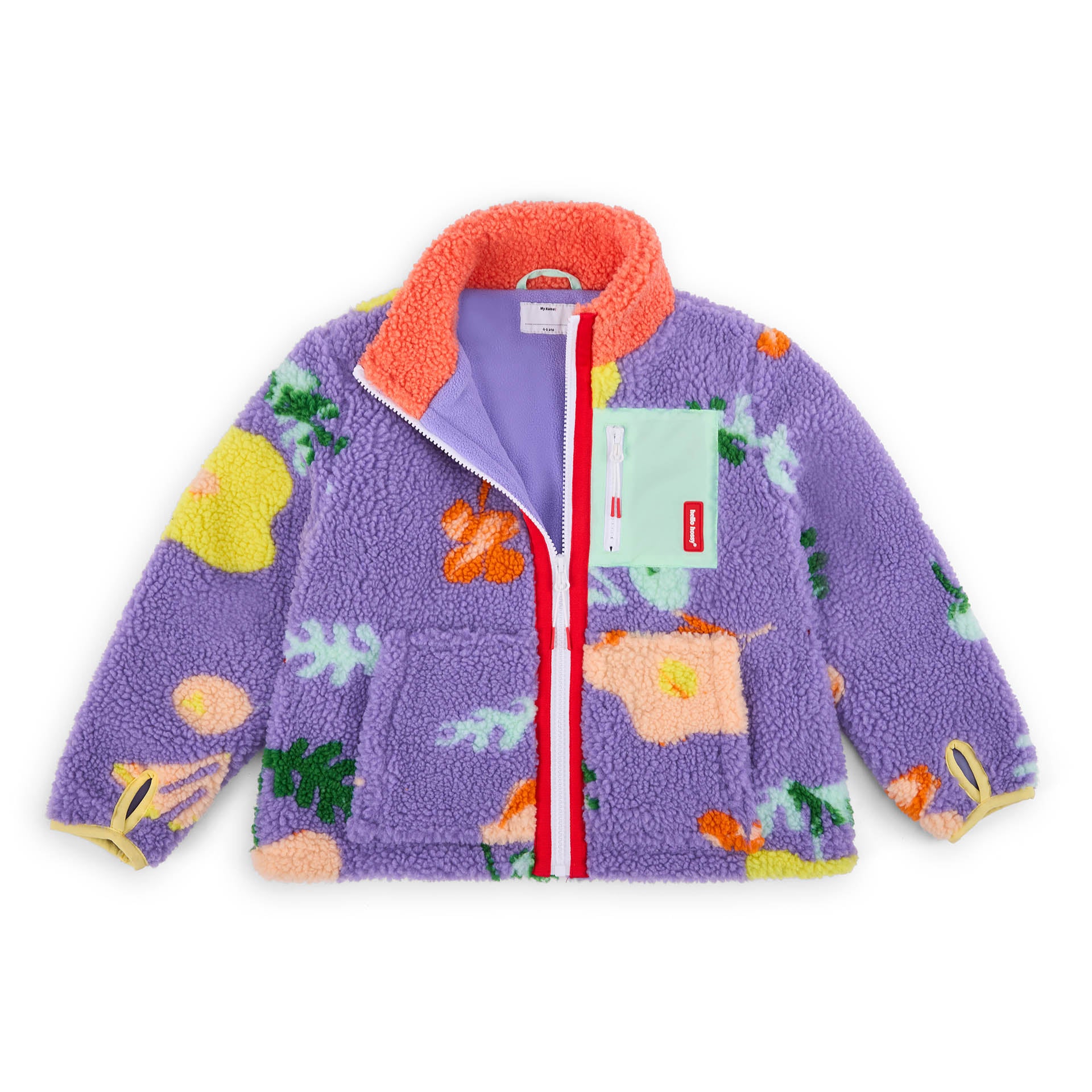 Kids' lilac fleece jacket flower pattern zip pocket green Hello Hossy