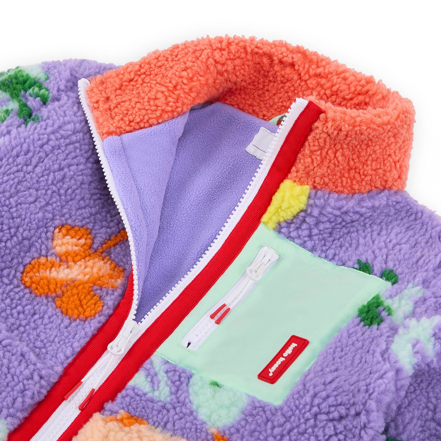 Kids' lilac blue fleece jacket flower pattern Orange collar light green pocket Hello Hossy