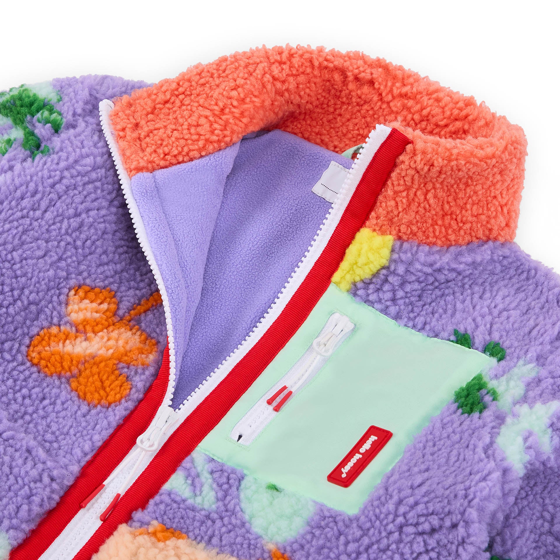 Kids' lilac blue fleece jacket flower pattern Orange collar light green pocket Hello Hossy