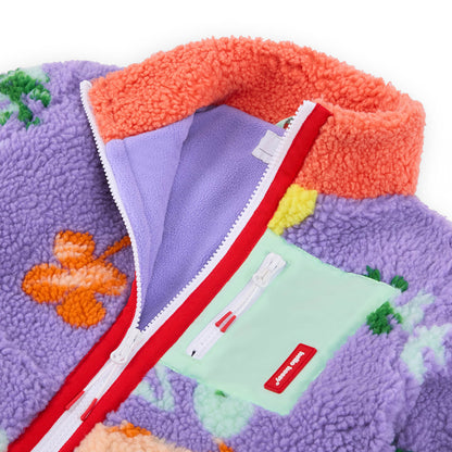 Kids' lilac blue fleece jacket flower pattern Orange collar light green pocket Hello Hossy
