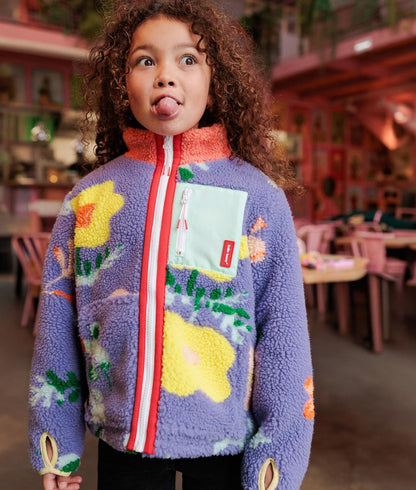 Children's lilac fleece jacket flower pattern zipped pocket Hello Hossy
