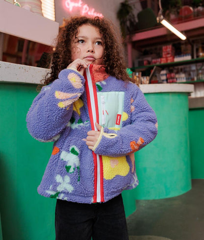 Children's lilac fleece jacket flower pattern zipped pocket Hello Hossy