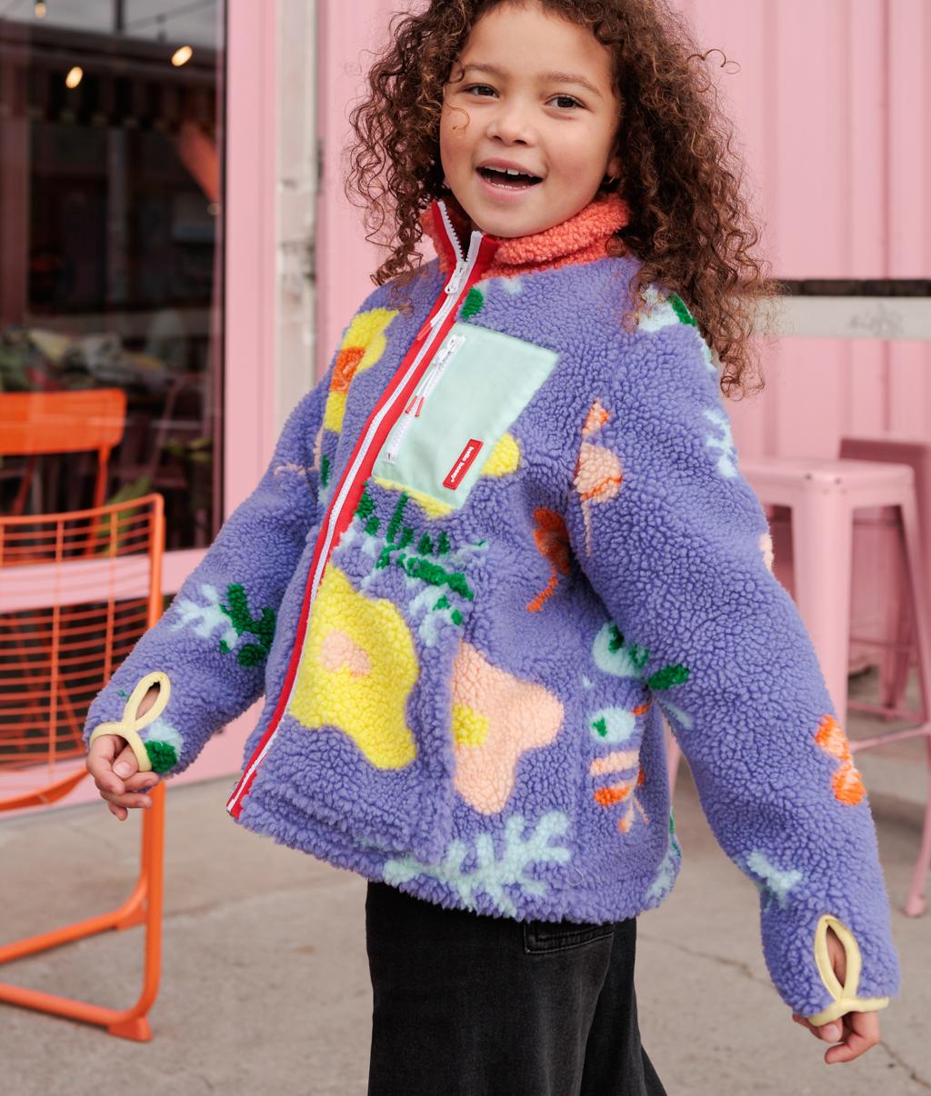 Children's lilac fleece jacket flower pattern zipped pocket Hello Hossy