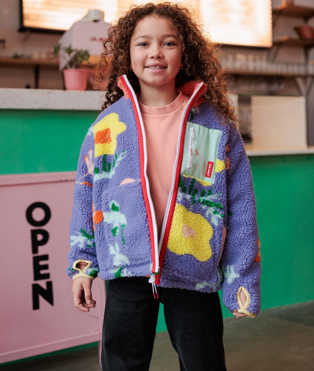 Children's lilac fleece jacket flower pattern zipped pocket Hello Hossy