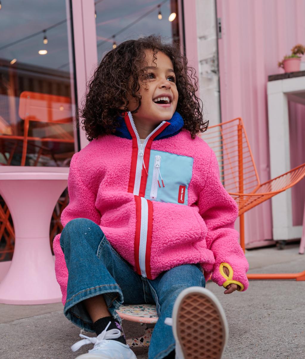 Kids' fuchsia fleece jacket blue pocket high collar Hello Hossy