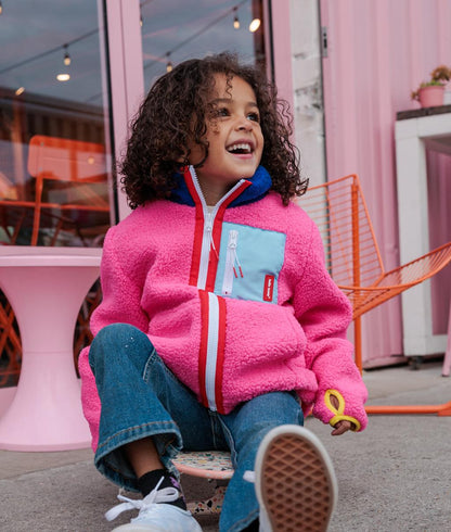 Kids' fuchsia fleece jacket blue pocket high collar Hello Hossy