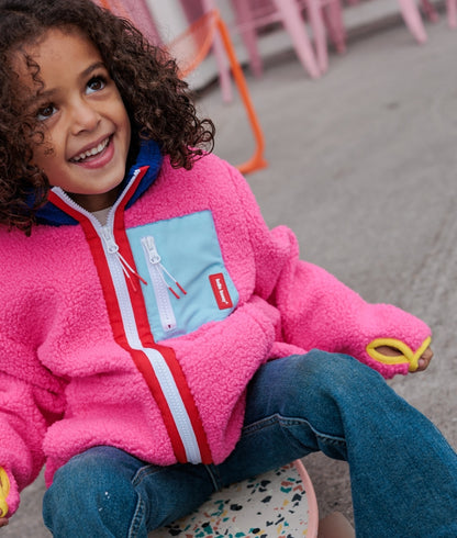 Kids' fuchsia fleece jacket blue zipped pocket red detail Hello Hossy