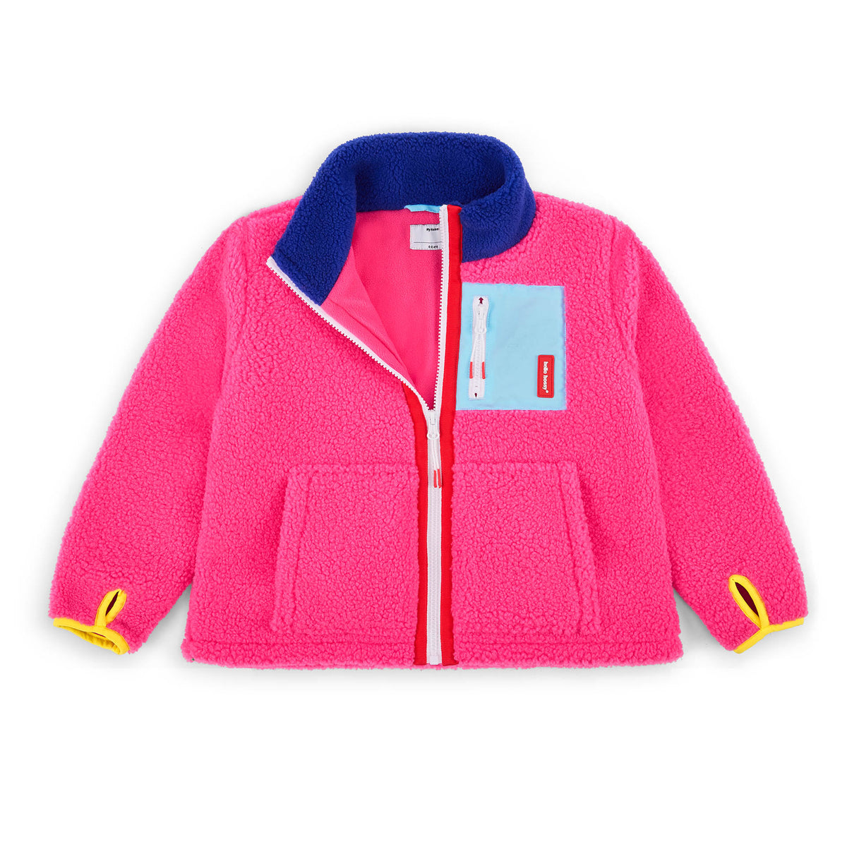 Kids' fuchsia fleece jacket blue pocket yellow details Hello Hossy