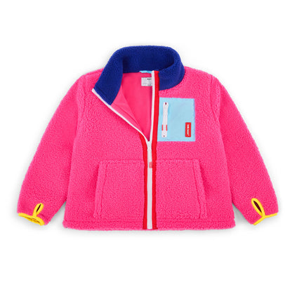 Kids' fuchsia fleece jacket blue pocket yellow details Hello Hossy