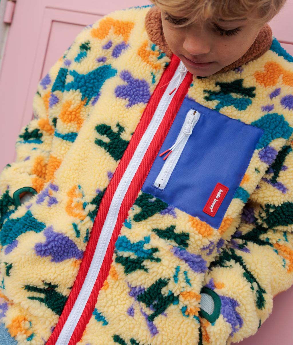 Children's fleece jacket yellow purple colourful patterned zipped pocket Hello Hossy