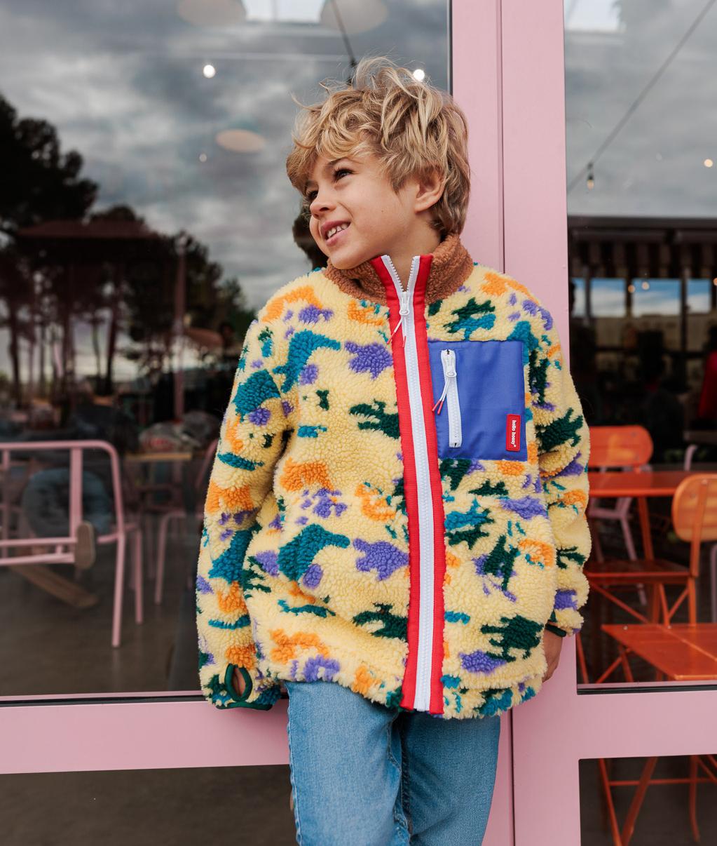 Children's fleece jacket yellow purple camouflage patterned front zipped pocket Hello Hossy