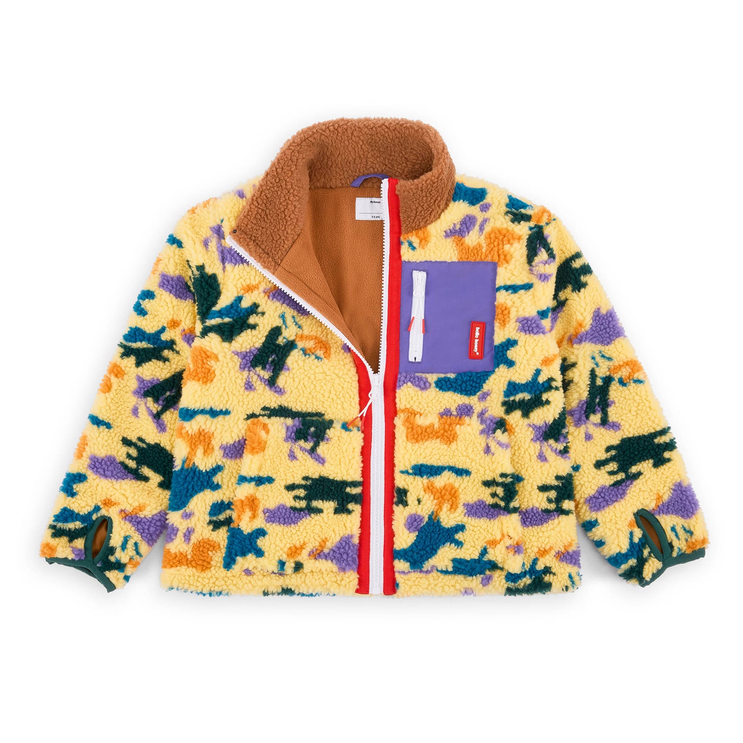 Children's yellow purple camouflage print fleece jacket violette pocket Hello Hossy