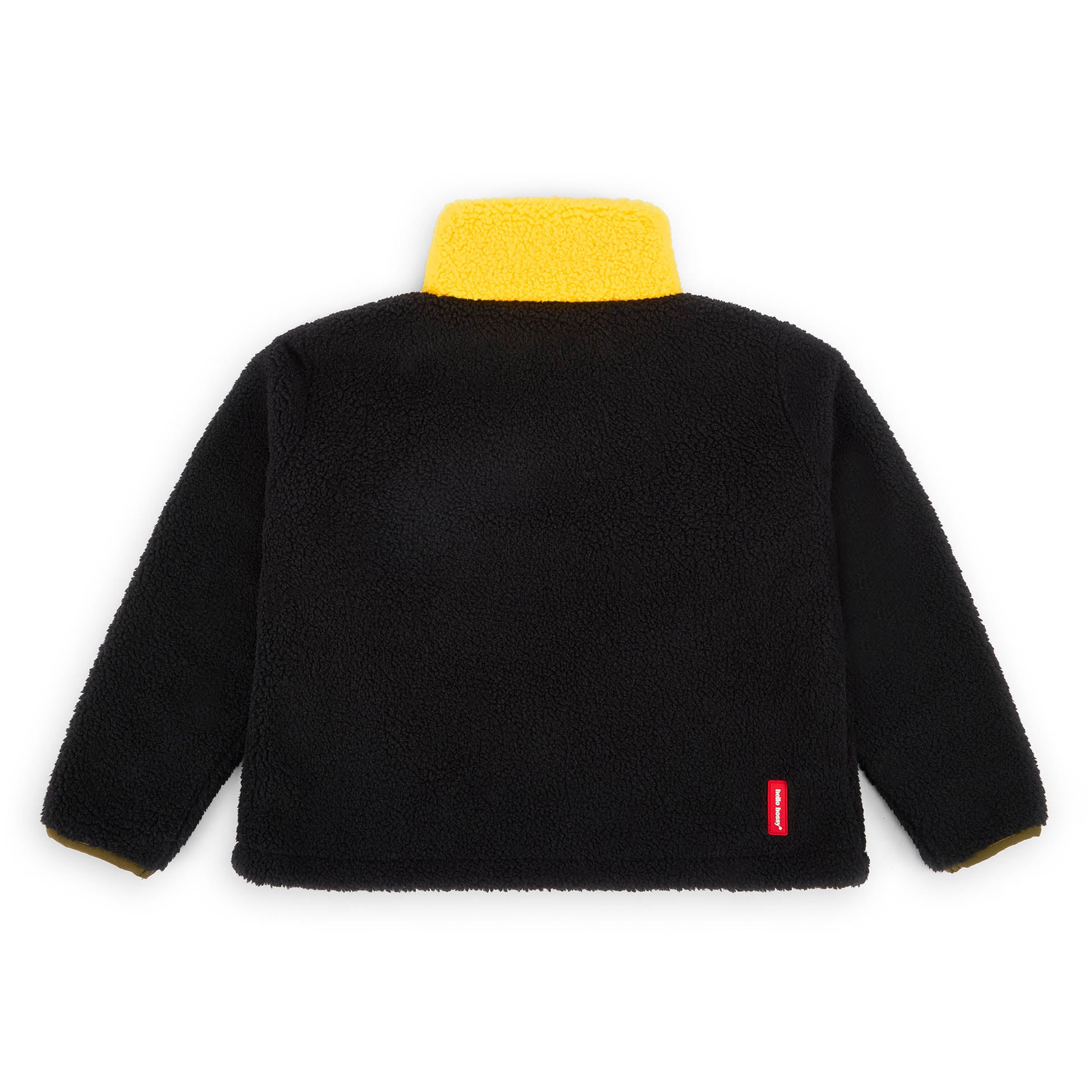 Children's black fleece jacket yellow collar red detail Hello Hossy