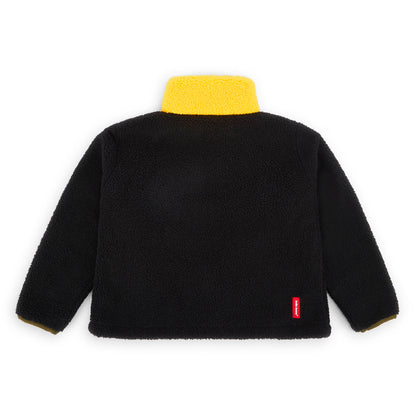 Children's black fleece jacket yellow collar red detail Hello Hossy