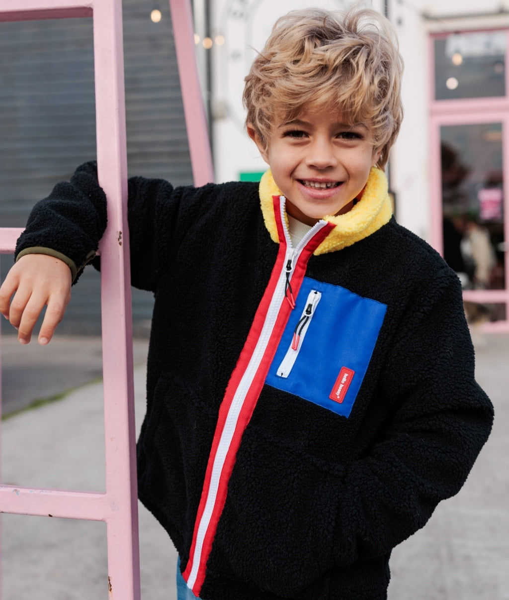 Children's black fleece jacket yellow collar blue pocket Hello Hossy