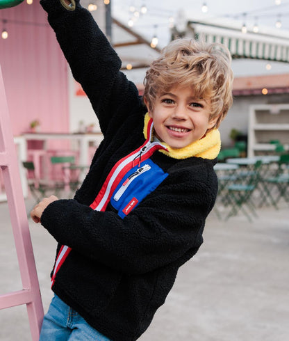 Children's black fleece jacket yellow collar blue zipped pocket Hello Hossy