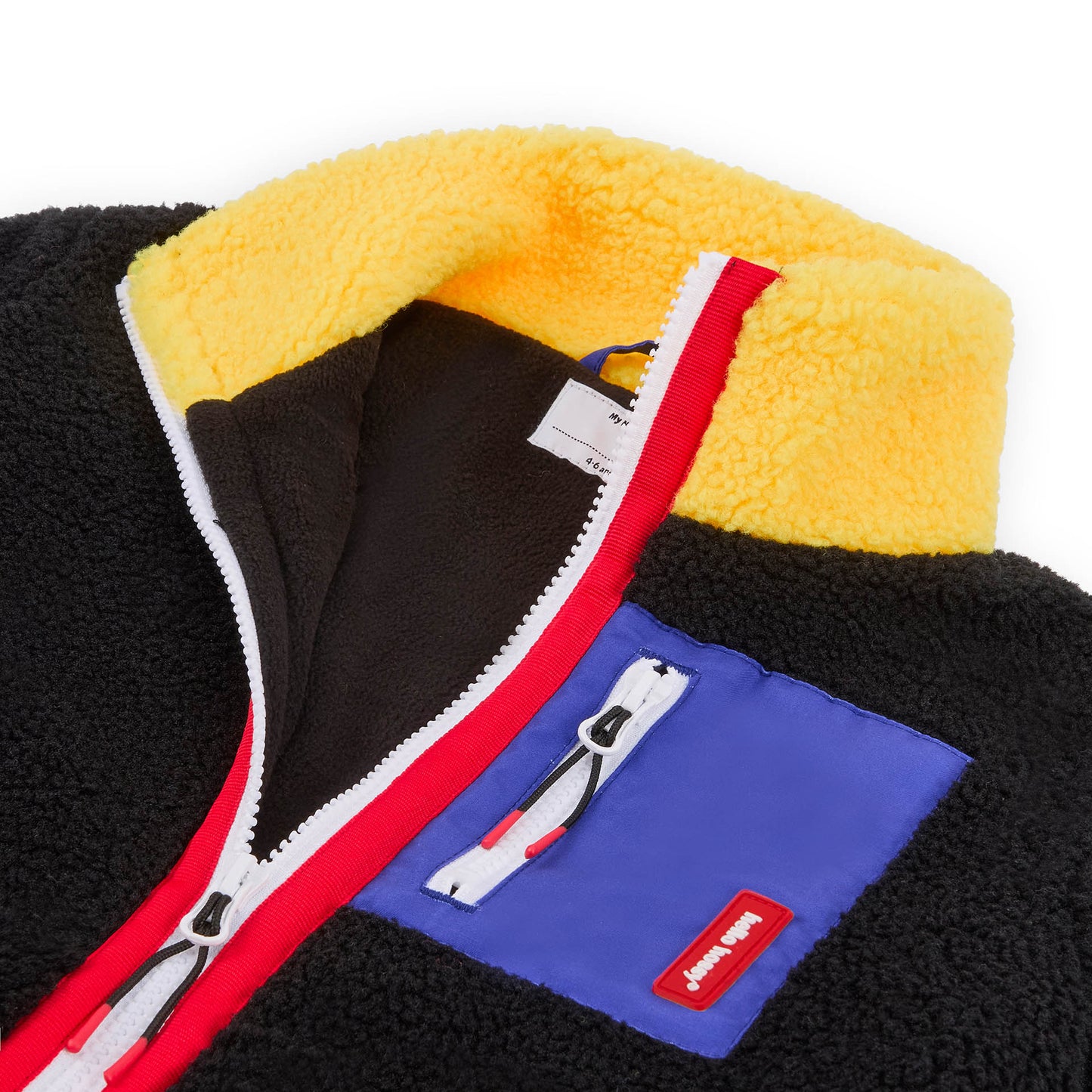 Children's black fleece jacket yellow collar blue pocket Hello Hossy