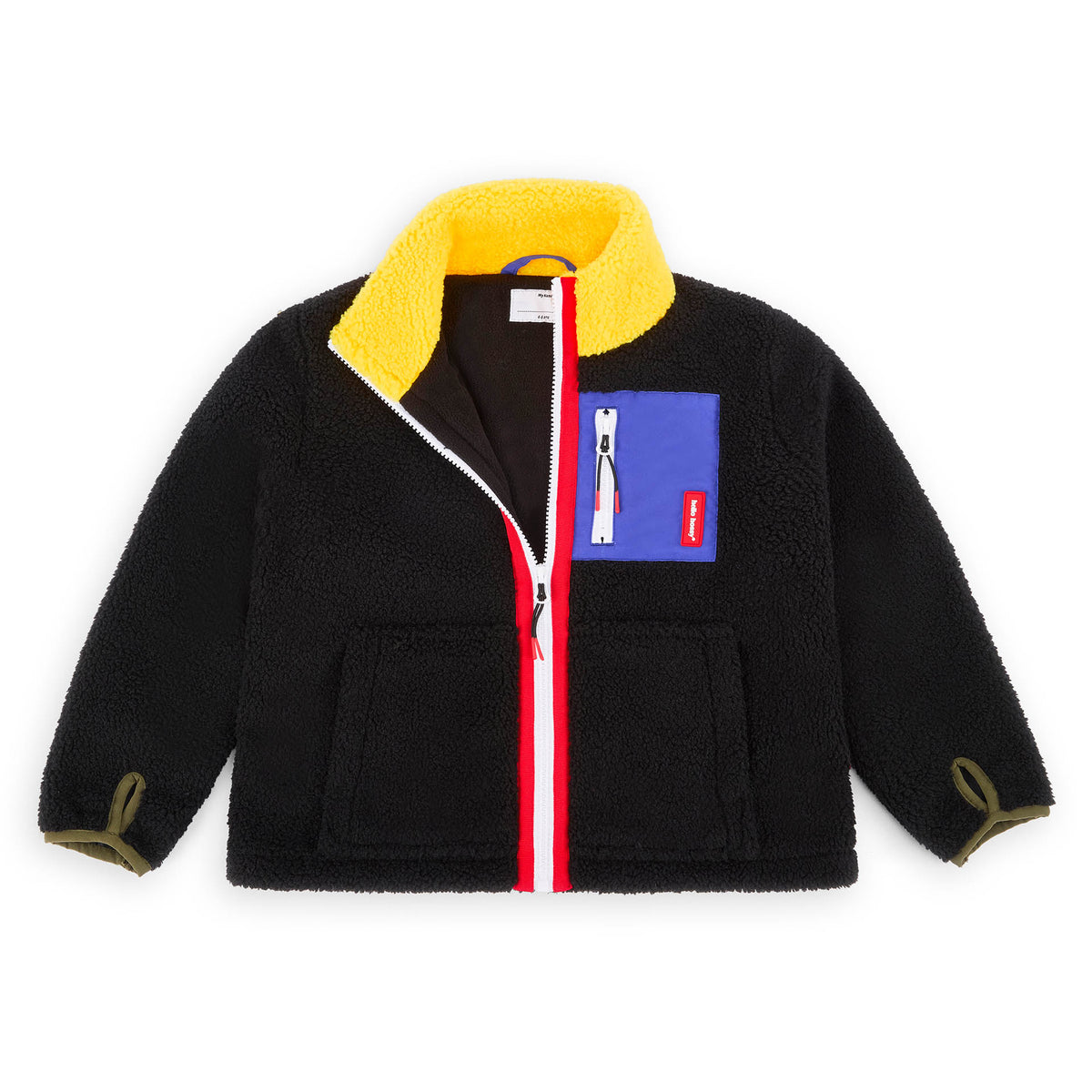 Kids' black fleece jacket yellow collar blue zipped pocket Hello Hossy