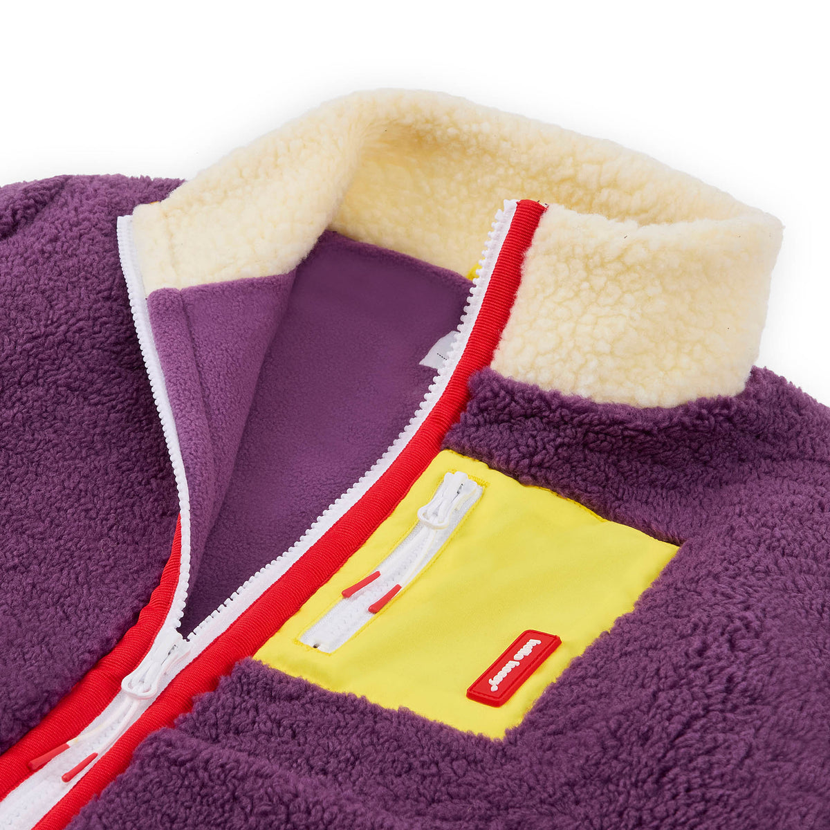 Children's plum fleece jacket with yellow pocket and high collar Hello Hossy