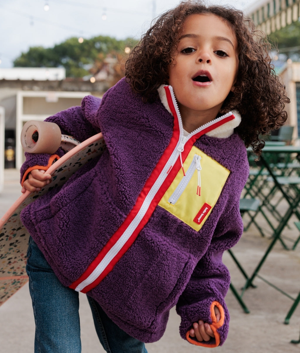 Children's plum fleece jacket with yellow pocket, red zip and Orange trim Hello Hossy