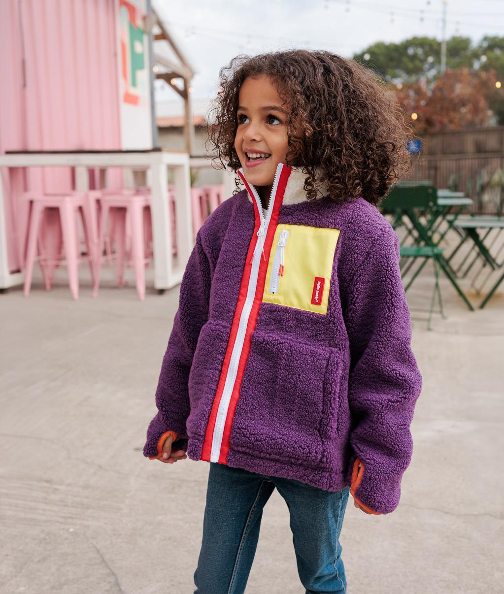Children's fleece jacket plum yellow pocket Orange zip Hello Hossy