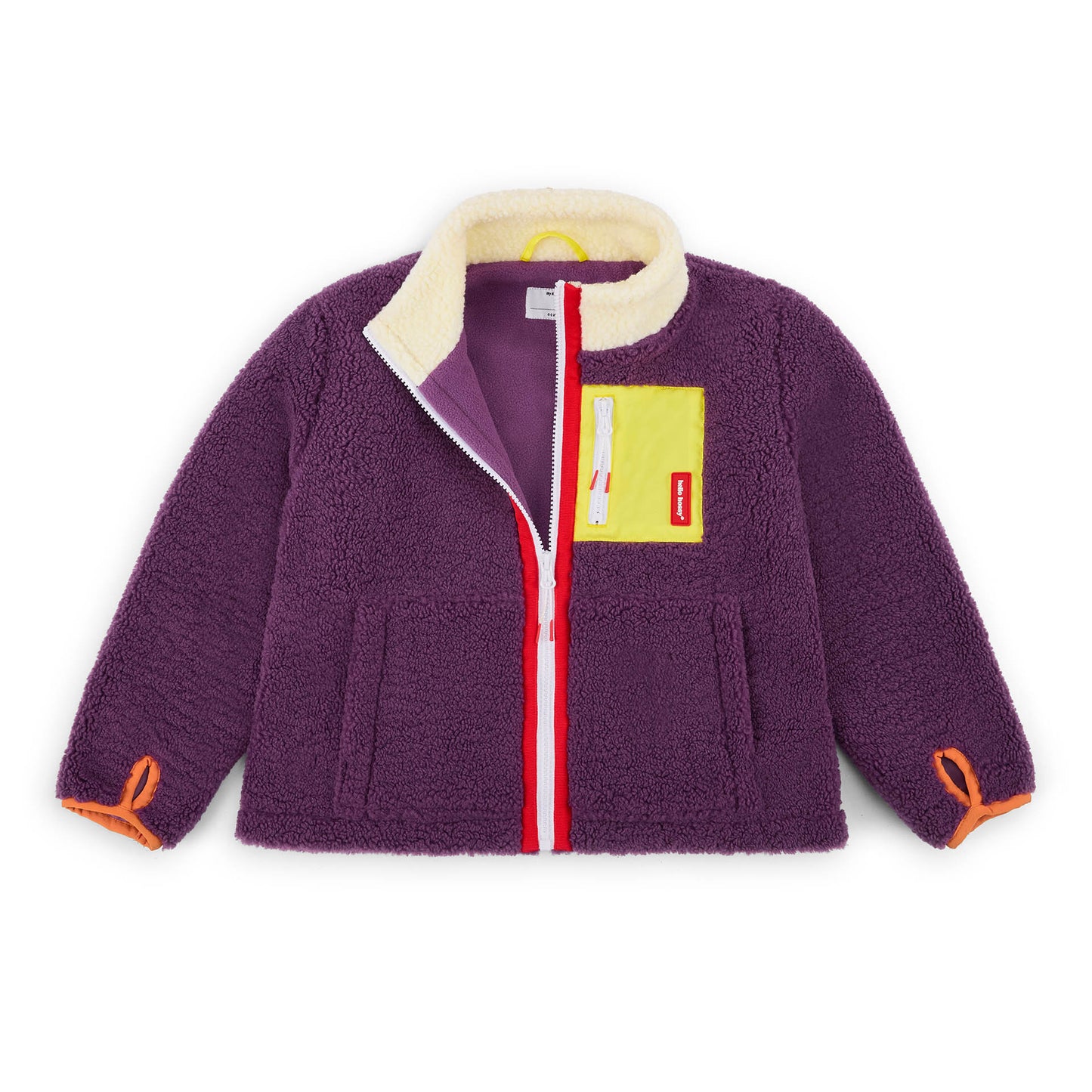 Children's plum fleece jacket with yellow pocket and high collar Hello Hossy