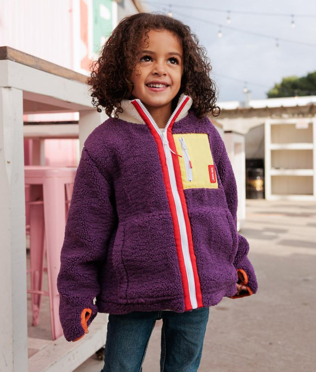 Children's plum fleece jacket with yellow pocket and red zip Hello Hossy