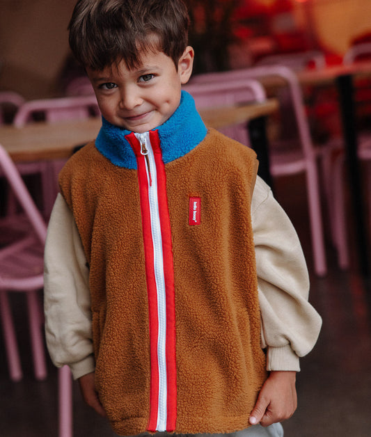 Kids' Camel and blue fleece vest red zip detail Hello Hossy