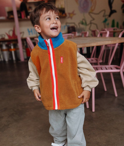 Kids' Camel and blue fleece vest with high collar and red zip Hello Hossy