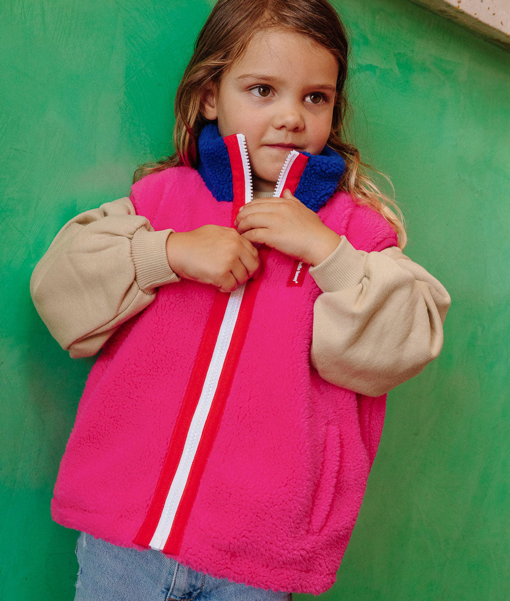 Children's fuchsia fleece vest with blue collar and zip fastening Hello Hossy