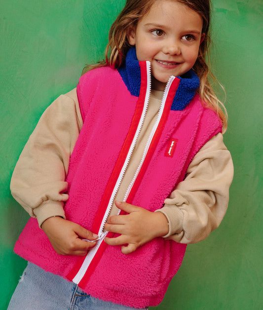 Children's fuchsia fleece vest with blue collar and zip opening Hello Hossy