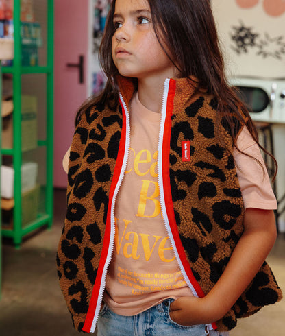Children's brown leopard print fleece vest with red zip Hello Hossy