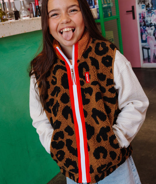 Children's brown leopard print fleece vest with contrasted zip Hello Hossy