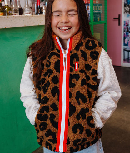 Children's brown leopard print fleece vest with red zip Hello Hossy