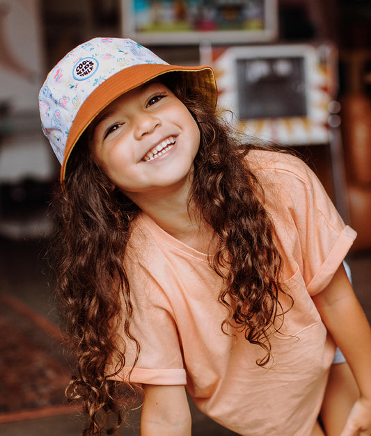 White kids bucket hat travel pattern Orange brim Hello Hossy
